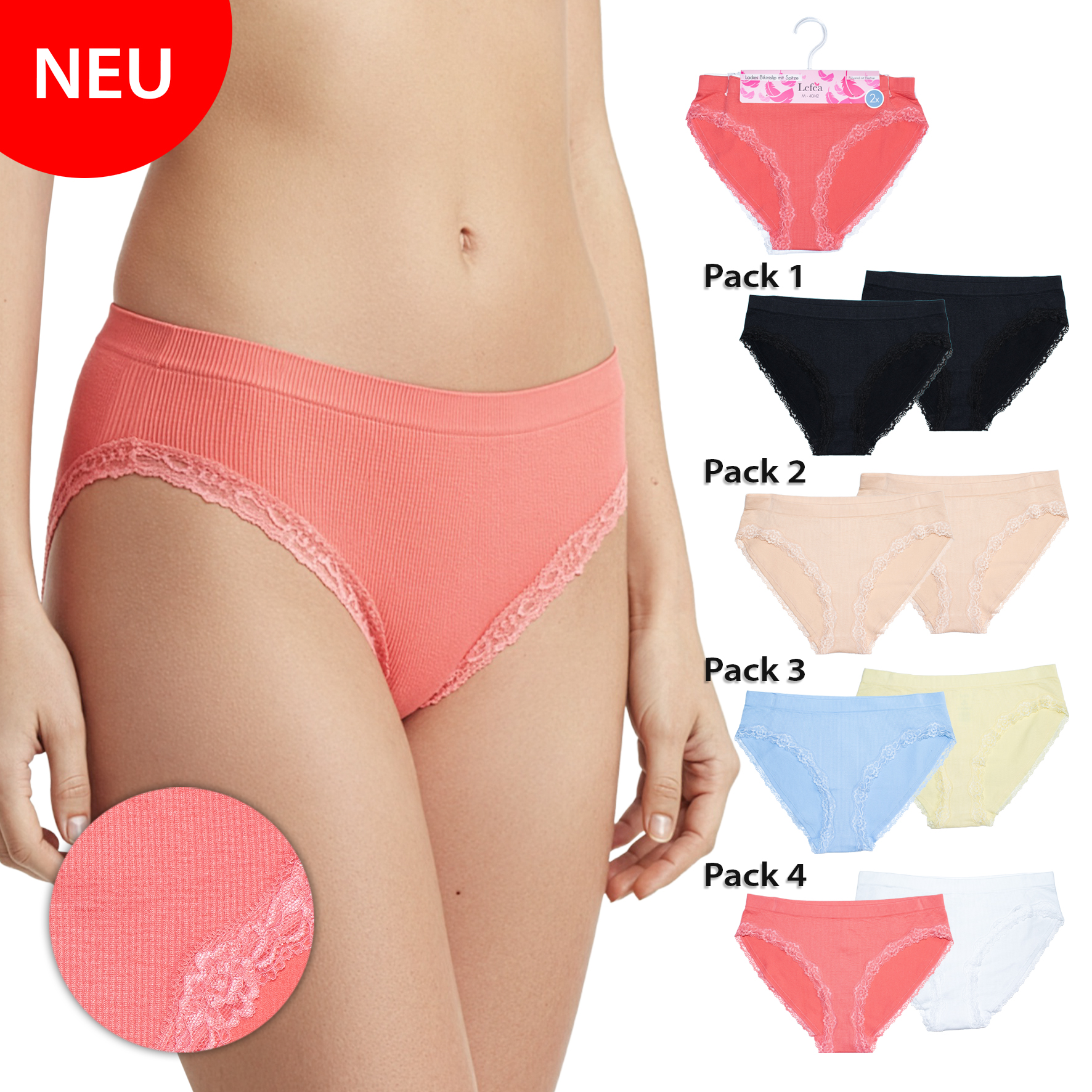 Damen-Bikini-2er-Pack-Seamless-Rippe-+-Spitze