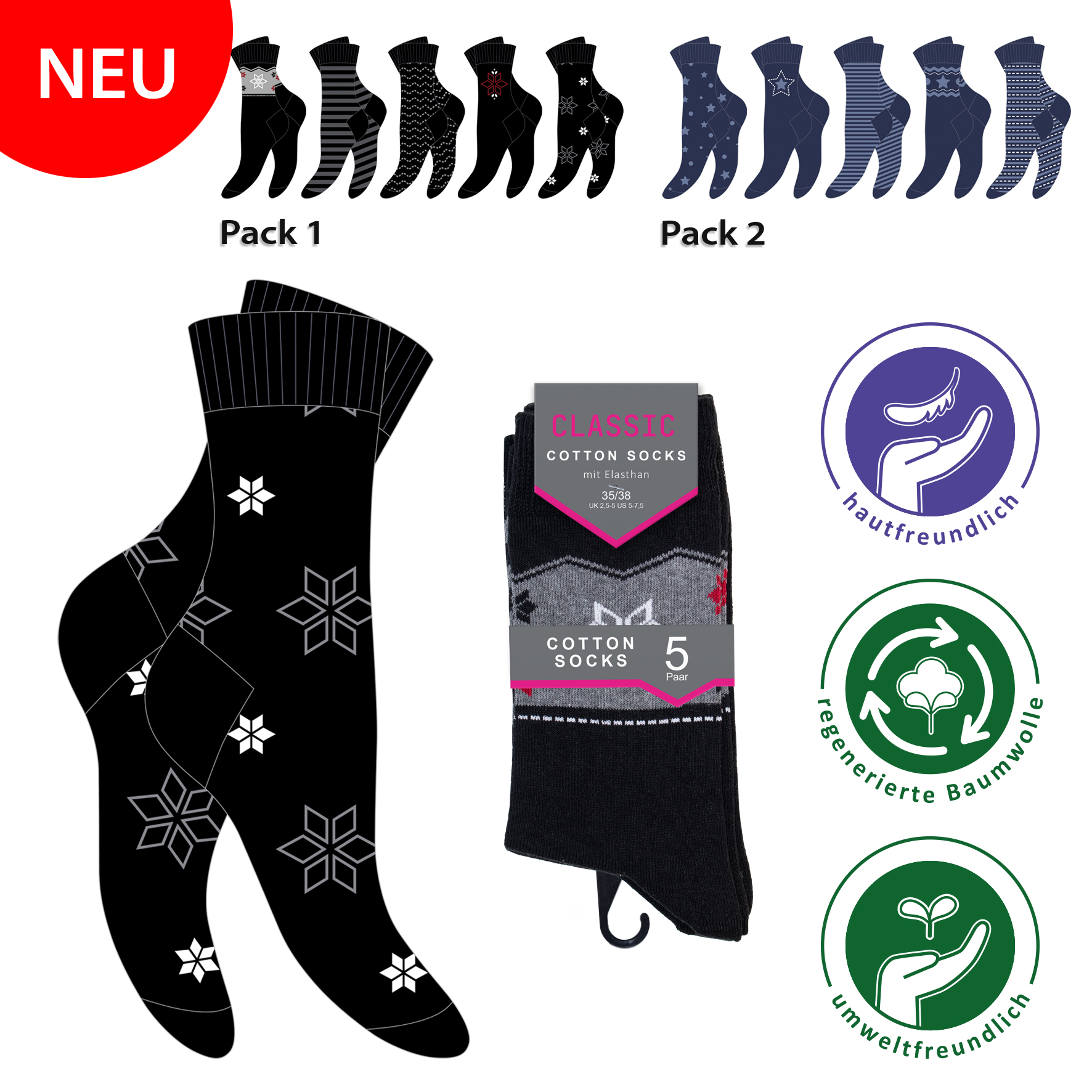 Damen-Socken-5er-Pack-BW-EL-Punkte-Designs