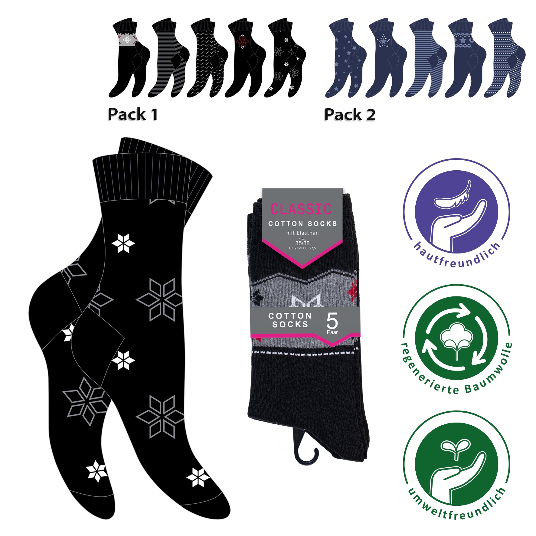 Damen-Socken-5er-Pack-BW-EL-Punkte-Designs