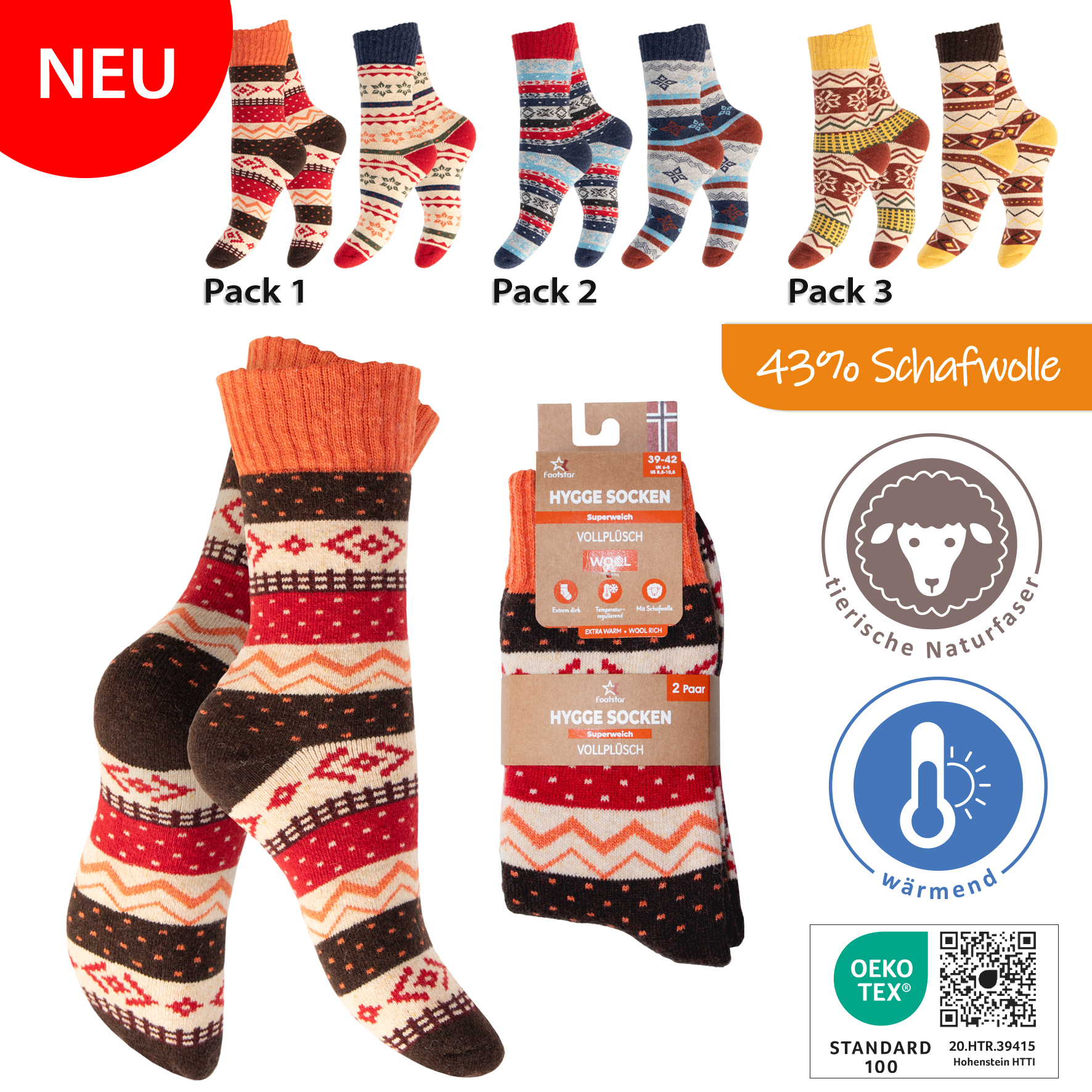 Unisex-Nordic-Woll-Socken-(Strickfrottee)-2er