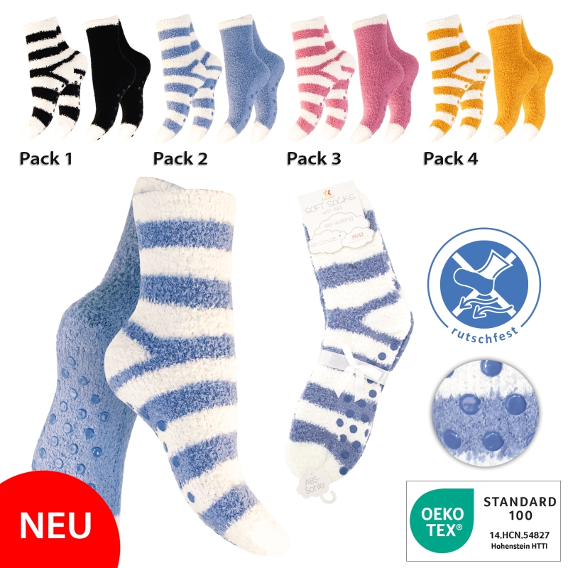 Damen-Kuschelsocken-2er-Pack-Pluesch-ABS-gestreift